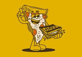 Character of pizza holding a box pizza vector