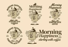Mañana felicidad comenzando con café. Clásico mascota personaje de café jarra con contento cara vector