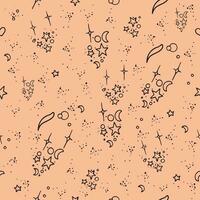 Seamless doodle pattern with stars and moons on Peach Fuzz background. Boho style illustration. Can be useful for textiles , wrapping paper or wallpapers vector