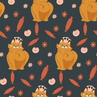 Seamless pattern of cute colorful cat cartoon. Happy meow. Animals character design. Image for cards, posters, and baby clothing. Kawaii. Vector Illustration.