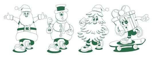 Funny retro cartoon characters Merry Christmas. Set of vector stickers in 70s style Monochrome.