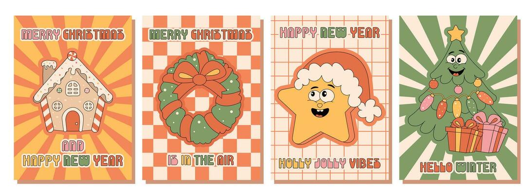 Posters of Christmas characters in retro cartoon style of the 70s, 80s. Gingerbread house, Christmas tree, wreath, star vintage characters. Vector illustration.