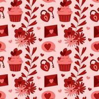 Valentine seamless pattern with hearts, cookies, cupcakes and flowers. Perfect for holiday invitations, St. Valentine's Day greeting cards, decorations, wallpaper, pattern fills, gift paper vector