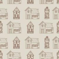 Seamless pattern with doodle town houses on light background. Vector illustration. Hand outline drawing.