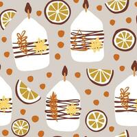 Candles and dried oranges Christmas seamless vector pattern. Hand drawn repeat pattern with winter motifs. Great as a background, wrapping paper, gift bag design.