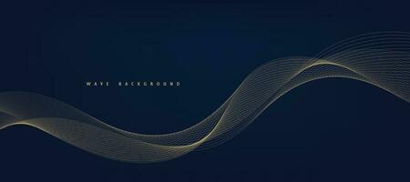 Vector abstract blue background with dynamic golden waves, lines and particles.