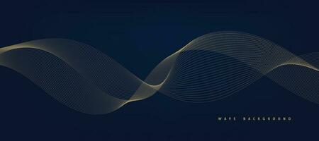 Vector abstract blue background with dynamic golden waves, lines and particles.