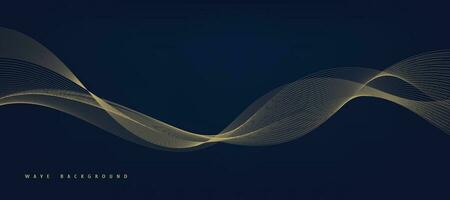 Vector abstract blue background with dynamic golden waves, lines and particles.