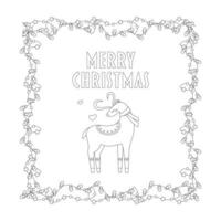 Christmas lettering, text and deer, frame, garland with light bulbs. vector