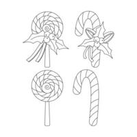 Set of Christmas lollipop, stick, with ribbon, berries, and mistletoe leaves. Winter holiday elements. vector