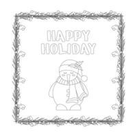 Christmas lettering, text happy holiday and snowman, frame, garland with light bulbs, tree branch. vector