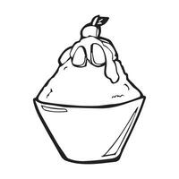 black and white cute shaved ice or bingsu with strawberry and whip cream cartoon object on white background, vector doodle art