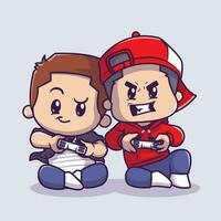 Cute Couple Boy Playing Game Cartoon Vector Icon Illustration. People Technology Icon Concept Isolated Premium Vector. Flat Cartoon Style