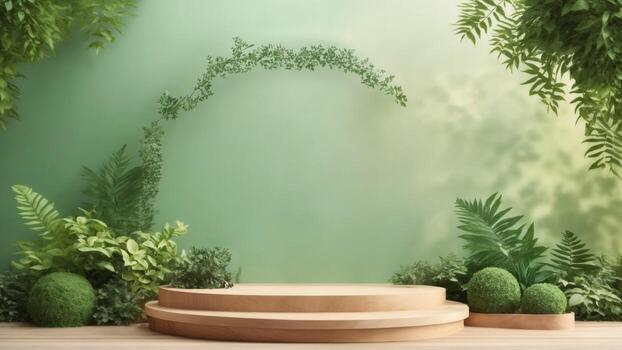 ai generado 3d hacer de de madera producto monitor podio y verde naturaleza antecedentes. foto