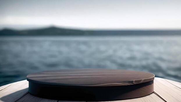 ai generado de madera mesa parte superior de el ver de el mar o el playa, podio foto