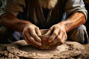 AI Generated Man shape artist hobby potter pot creativity handmade clay ceramics skill working hands photo