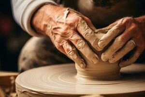 AI Generated Finger creativity art skill working jug pot ceramics clay artist bowl mud pottery photo