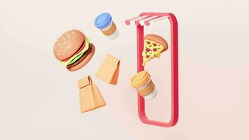 Cartoon hamburger , pizza , coffee and so on, take-out and fast food, 3d rendering. video