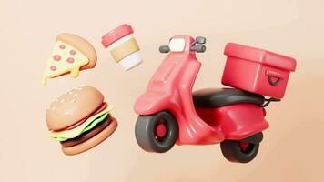 Cartoon scooter and takeout, mobile takeout, online order, 3d rendering. video