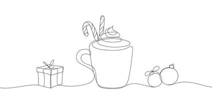 Christmas line drawing of a cup cocoa with Christmas candy cone, gift box and New Year's balls. Continuous line Merry Christmas banner, minimalist style. Winter outline cocoa mug in silhouette. vector