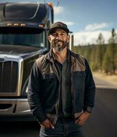 ai generado trabajo hombre vehículo conductor carga ocupación cabina remolque masculino adulto persona camión camión foto