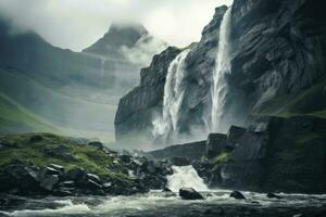 AI Generated Iceland stream sky grass waterfall volcano landmark cascade outdoors travel tourism photo