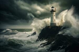 ai generado dramático cielo ligero poder ola atlántico clima faro huracán Oceano viento tormenta foto