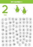 Find and dot number two. Learning number 2 with cute green pears. Educational worksheet. vector