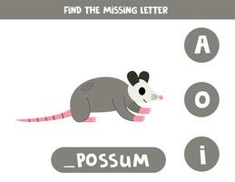 Find missing letter with cartoon opossum. Spelling worksheet. vector