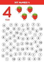 Find and dot number four. Learning number 4 with cute strawberries. Educational worksheet. vector