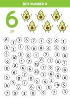 Find and dot number six. Learning number 6 with cute avocados. Educational worksheet. vector