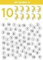 Find and dot number ten. Learning number 10 with cute bananas. Educational worksheet. vector