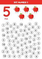 Find and dot number five. Learning number 5 with cute red apples. Educational worksheet. vector