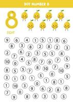 Find and dot number eight. Learning number 8 with cute lemons. Educational worksheet. vector