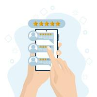 customer review rating and feedback concept. characters provide five-star feedback and voice satisfaction ratings on the smartphone app. Flat vector illustration isolated on white background.