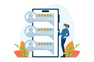 customer review rating and feedback concept. characters provide five-star feedback and voice satisfaction ratings on the smartphone app. Flat vector illustration isolated on white background.