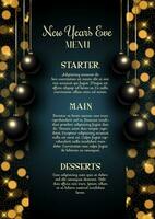 Elegant New Years Eve menu design with hanging baubles vector