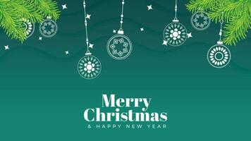 Merry Christmas Text Background, Christmas Tree Branches with Ornaments and Stars on a Green Background video