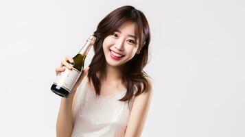 AI generated Happy woman celebrating new year with a bottle of champagne in hand photo