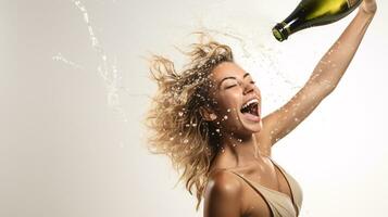 ai generado contento mujer celebrando nuevo año con un botella de champán en mano foto