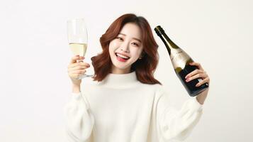 ai generado contento mujer celebrando nuevo año con un botella de champán en mano foto