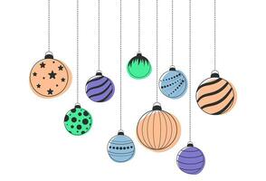 conjunto de Navidad pelotas en el de moda colores. melocotón pelusa. alegre Navidad y contento nuevo año saludo tarjeta con colgando pelota decoración. plano vector ilustración aislado en blanco antecedentes.