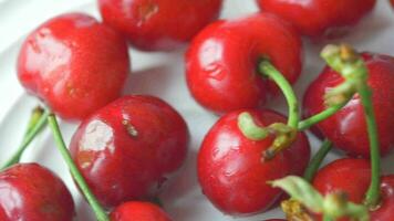 ripe fresh cherry in a bowl on table video