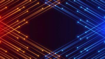 Abstract background of bright glowing blue and orange particles. Flow of particles along a trajectory. Neon frame. Background for presentation or text. seamless loop. video