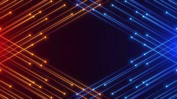 Abstract background of bright glowing blue and orange particles. Flow of particles along a trajectory. Neon frame. Background for presentation or text. seamless loop. video