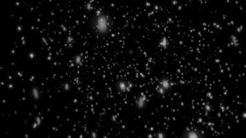 Flying snow on a black background. 4K motion graphics. snowfall overlay, background - winter, effect of slowly falling snow. Abstract particle background. seamless loop. winter weather overlay. video