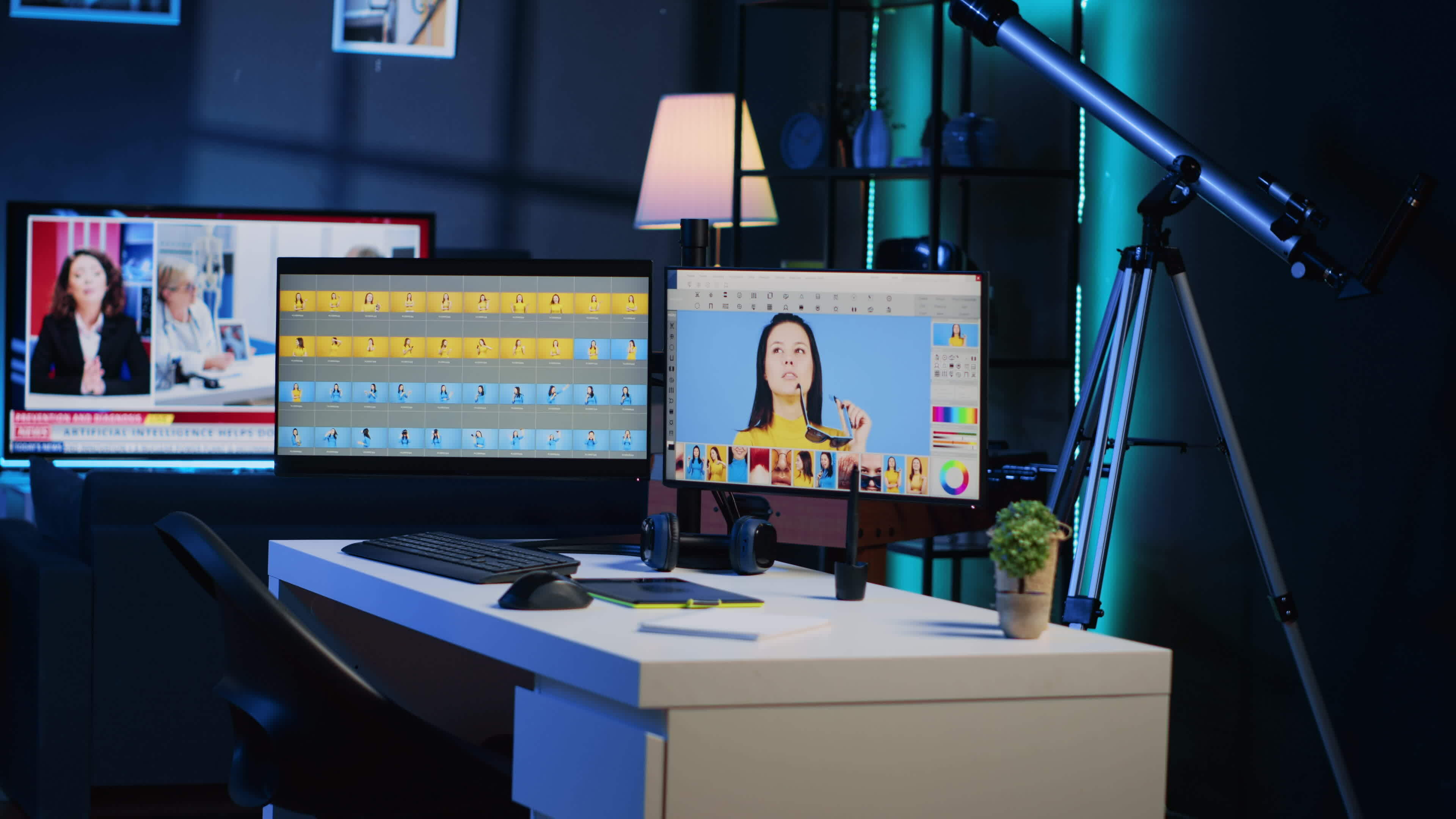 Photo processing software interface on computer screens in creative ...
