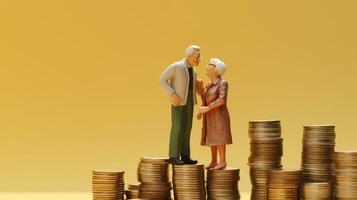 AI generated Old Couple Action Figures Standing on Coin Stack. Retirement, Saving, Investment, Pension Concept photo