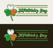 Horizontal St Patricks Day label with shamrock clover, bead strings, text. Clover like jewelry charm made of green enamel in golden frame. Irish flag colors. Vintage illustration in luxury style vector