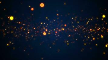 Abstract particle background. Orange particle dots fly away from the camera against a dark background. Seamless loop video